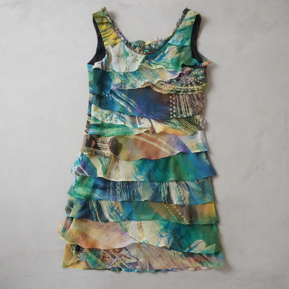 SL Fashions Tiered Ruffle Dress 6P Womens Multi Color Abstract Print Sleeveless - Picture 2 of 7